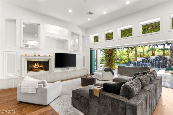 Fireplace, Interior, Living room, Recessed Lighting, Wood Texture Flooring