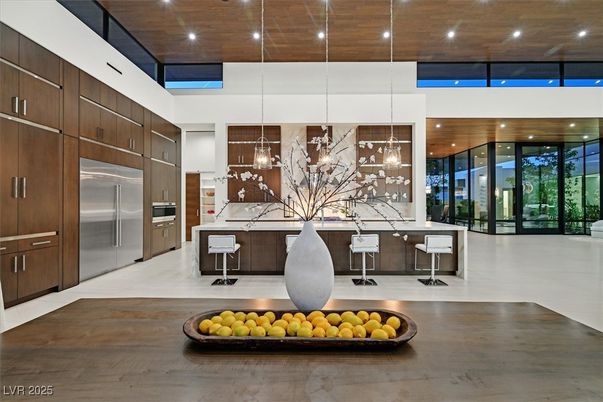 Interior, Kitchen, Pendant Lights, Recessed Lighting, Stainless Steel Appliances, Wooden Ceilings, Wood Texture Flooring