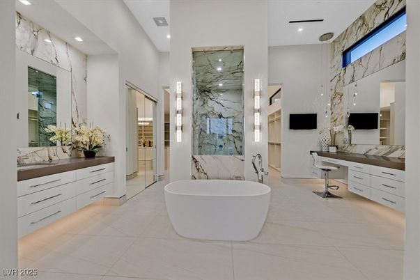 Bathroom, Free Standing Baths, Interior, Marble Walls, Recessed Lighting