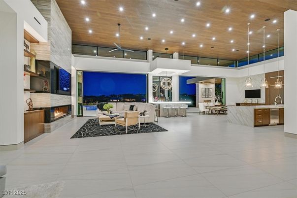 Dining room, Fireplace, Interior, Living room, Pendant Lights, Recessed Lighting, Wooden Ceilings