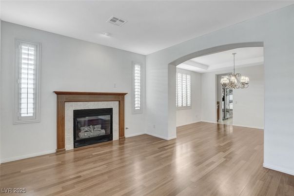 Chandelier, Empty room, Fireplace, Interior, Wood Texture Flooring