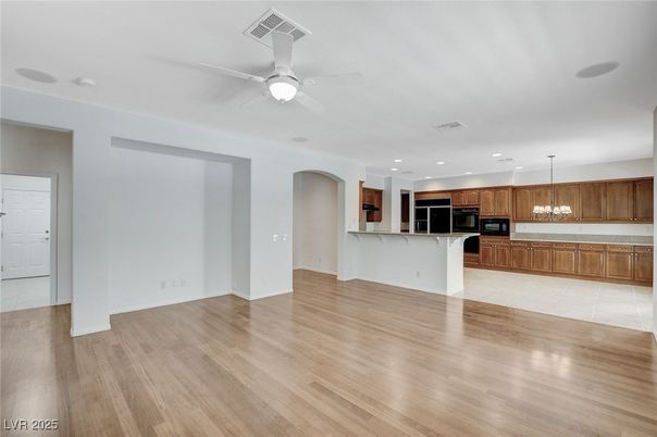 Chandelier, Empty room, Interior, Kitchen, Recessed Lighting, Wood Texture Flooring