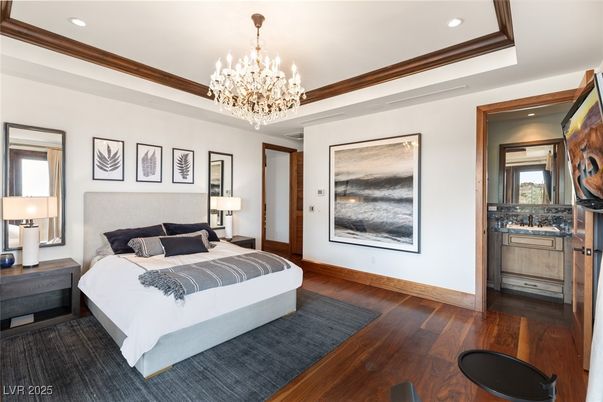 Bedroom, Chandelier, Interior, Recessed Lighting, Wood Texture Flooring