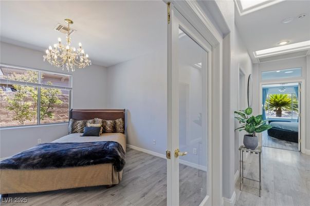 Bedroom, Chandelier, Interior, Recessed Lighting, Wood Texture Flooring