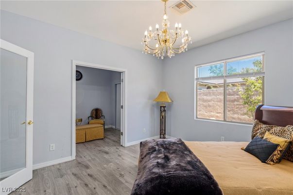 Bedroom, Chandelier, Interior, Wood Texture Flooring