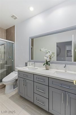 Bathroom, Dual Sink Vanities, Glass Shower, Interior, Recessed Lighting