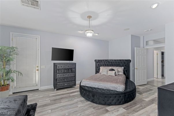 Bedroom, Interior, Pendant Lights, Recessed Lighting, Wood Texture Flooring