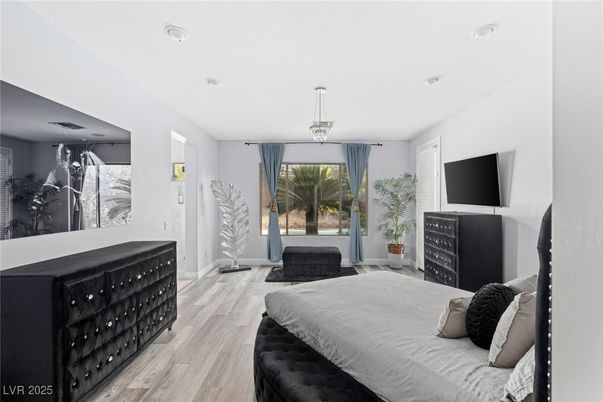 Bedroom, Chandelier, Interior, Recessed Lighting, Wood Texture Flooring
