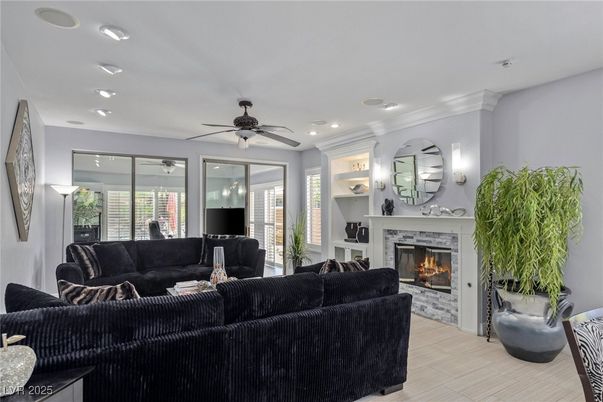 Fireplace, Interior, Living room, Recessed Lighting, Wood Texture Flooring