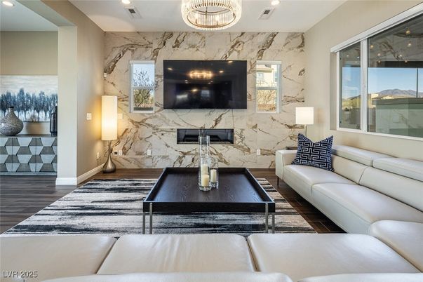 Interior, Living room, Marble Walls, Recessed Lighting, Wood Texture Flooring