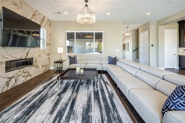 Fireplace, Interior, Living room, Pendant Lights, Recessed Lighting, Wood Texture Flooring