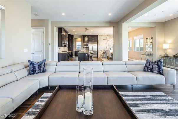 Interior, Kitchen, Living room, Marble Walls, Pendant Lights, Recessed Lighting, Wood Texture Flooring