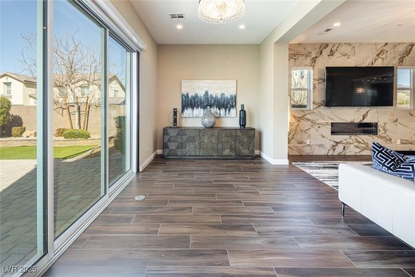 Interior, Marble Walls, Recessed Lighting, Wood Texture Flooring