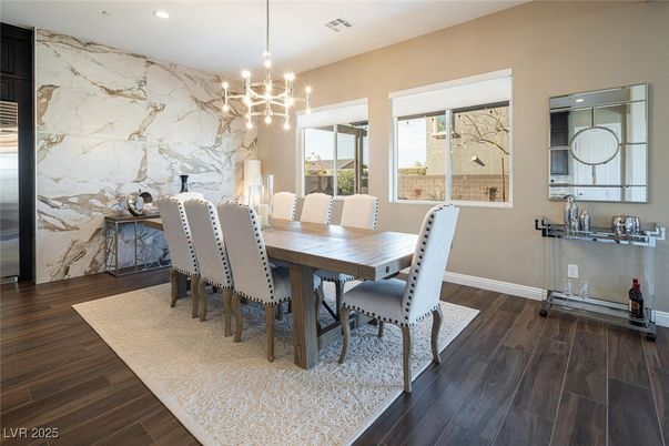 Dining room, Interior, Marble Walls, Pendant Lights, Recessed Lighting, Wood Texture Flooring