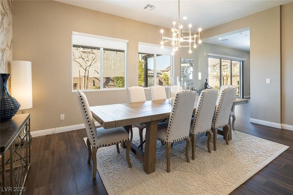 Dining room, Interior, Pendant Lights, Recessed Lighting, Wood Texture Flooring