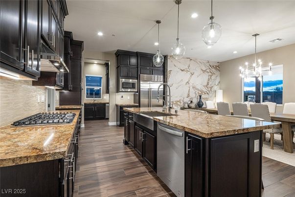 Dining room, Interior, Kitchen, Pendant Lights, Recessed Lighting, Stainless Steel Appliances, Wood Texture Flooring