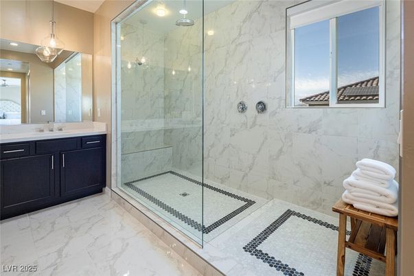 Bathroom, Glass Shower, Interior, Marble, Marble Walls, Pendant Lights, Recessed Lighting