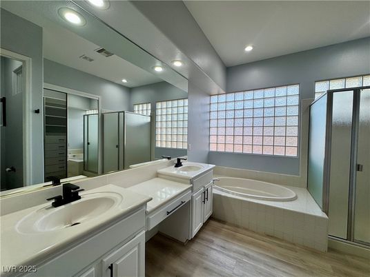 Bathroom, Dual Sink Vanities, Interior, Recessed Lighting, Wood Texture Flooring