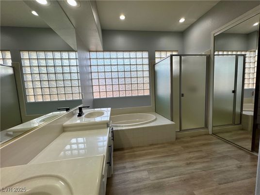 Bathroom, Dual Sink Vanities, Interior, Recessed Lighting, Wood Texture Flooring