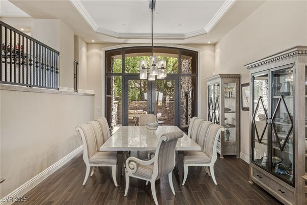Dining room, Interior, Pendant Lights, Recessed Lighting, Wood Texture Flooring