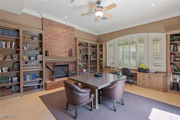 Fireplace, Home Office, Interior, Recessed Lighting, Stone Walls, Wood Texture Flooring