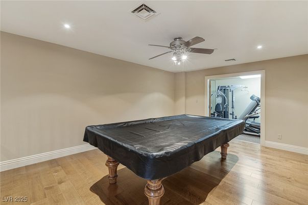 Billiard Table, Game Room, Interior, Recessed Lighting, Wood Texture Flooring