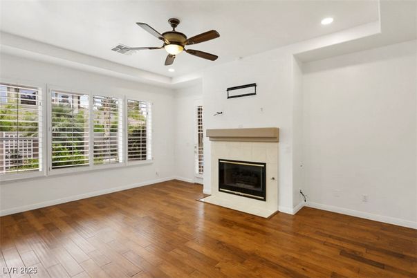 Empty room, Fireplace, Interior, Recessed Lighting, Wood Texture Flooring