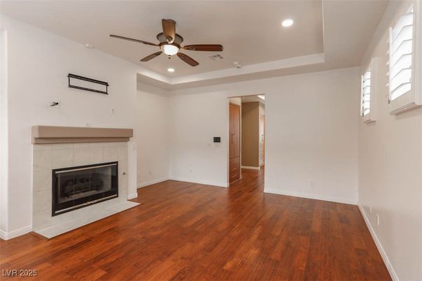 Empty room, Fireplace, Interior, Recessed Lighting, Wood Texture Flooring