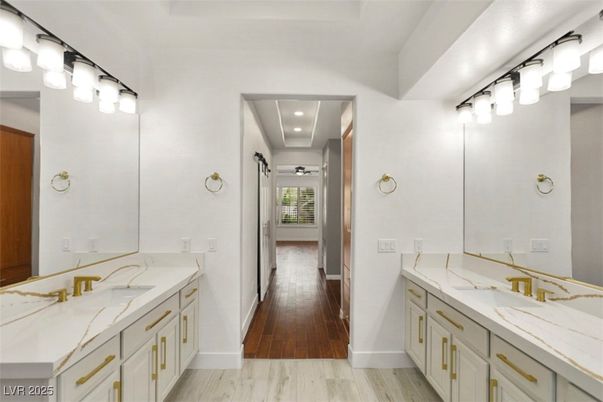 Bathroom, Dual Sink Vanities, Interior, Recessed Lighting, Wood Texture Flooring