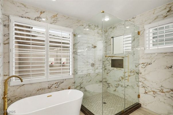 Bathroom, Free Standing Baths, Glass Shower, Interior, Marble Walls, Recessed Lighting