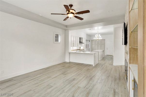 Chandelier, Empty room, Interior, Kitchen, Recessed Lighting, Wood Texture Flooring