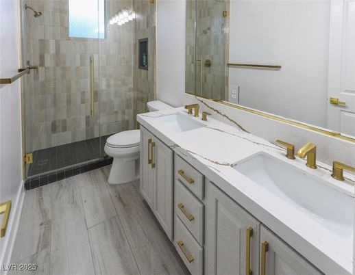 Bathroom, Dual Sink Vanities, Glass Shower, Interior, Wood Texture Flooring