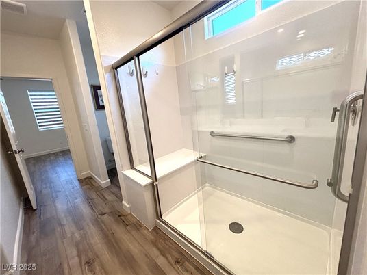 Bathroom, Glass Shower, Interior, Wood Texture Flooring