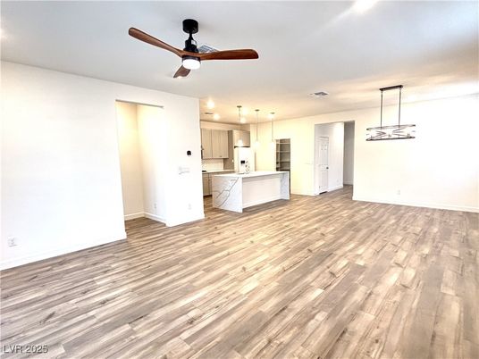 Empty room, Interior, Kitchen, Pendant Lights, Wood Texture Flooring