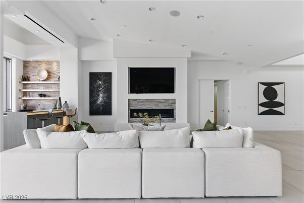 Fireplace, Interior, Living room, Recessed Lighting, Stone Walls