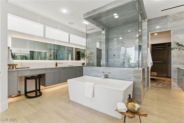 Bathroom, Free Standing Baths, Glass Shower, Interior, Recessed Lighting, Wood Texture Flooring