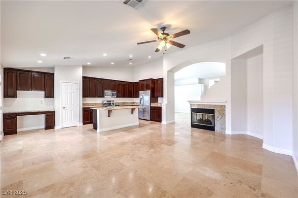Fireplace, Interior, Kitchen, Recessed Lighting, Stainless Steel Appliances