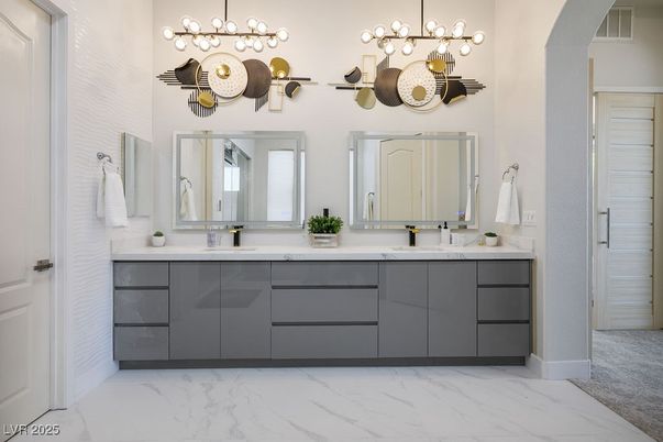 Bathroom, Dual Sink Vanities, Interior, Marble, Pendant Lights