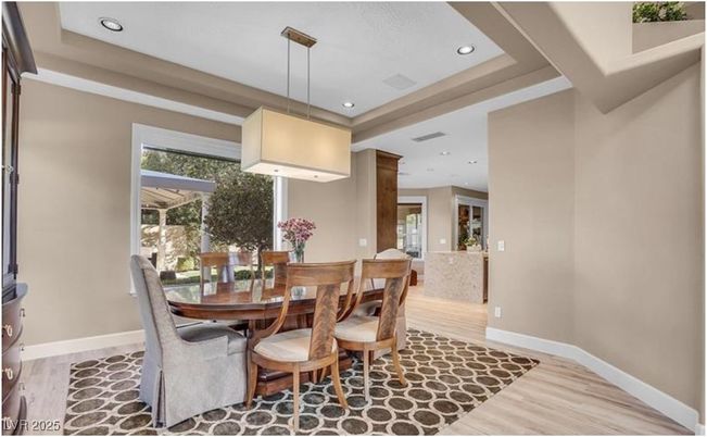 Dining room, Interior, Pendant Lights, Recessed Lighting, Wood Texture Flooring