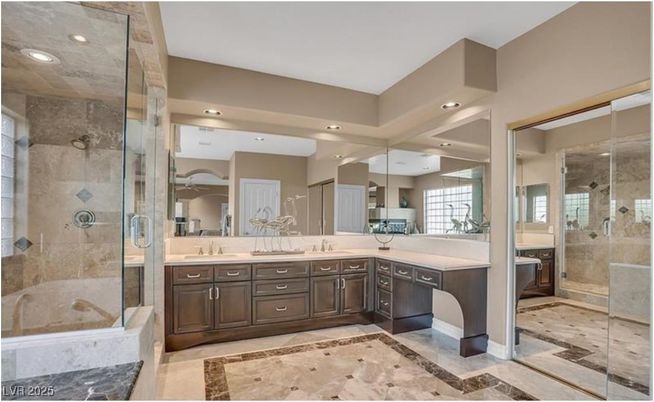 Bathroom, Dual Sink Vanities, Glass Shower, Interior, Recessed Lighting
