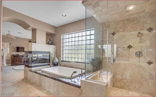 Bathroom, Fireplace, Glass Shower, Interior, Recessed Lighting