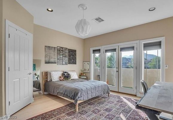 Bedroom, Interior, Pendant Lights, Recessed Lighting, Wood Texture Flooring