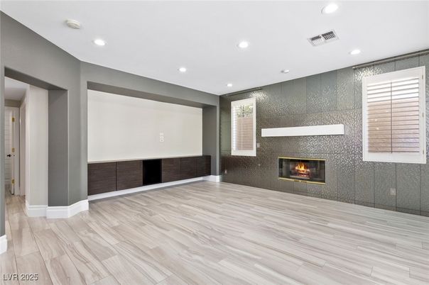 Fireplace, Interior, Recessed Lighting, Wood Texture Flooring