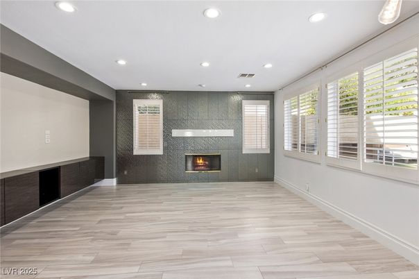 Empty room, Fireplace, Interior, Recessed Lighting, Wood Texture Flooring