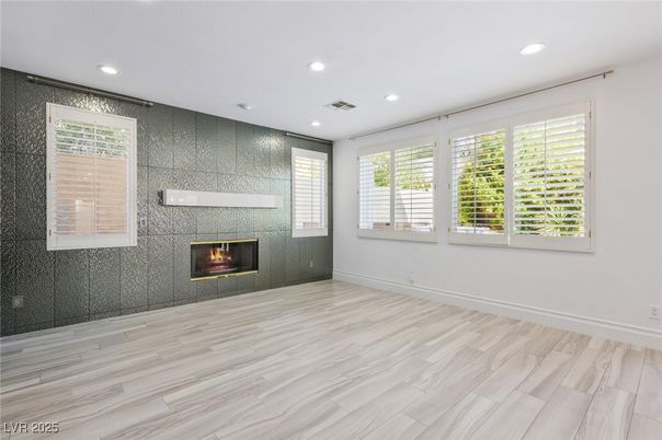 Empty room, Fireplace, Interior, Recessed Lighting, Wood Texture Flooring