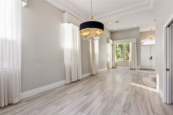 Chandelier, Empty room, Interior, Recessed Lighting, Wood Texture Flooring