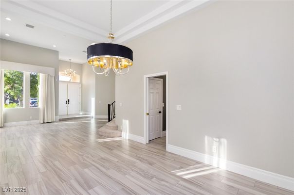Chandelier, Empty room, Interior, Recessed Lighting, Wood Texture Flooring
