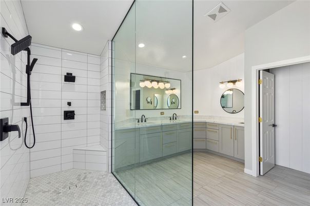 Bathroom, Dual Sink Vanities, Glass Shower, Interior, Recessed Lighting