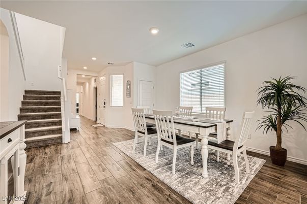 Dining room, Interior, Recessed Lighting, Wood Texture Flooring