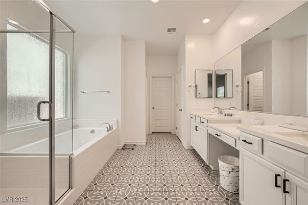 Bathroom, Dual Sink Vanities, Glass Shower, Interior, Recessed Lighting